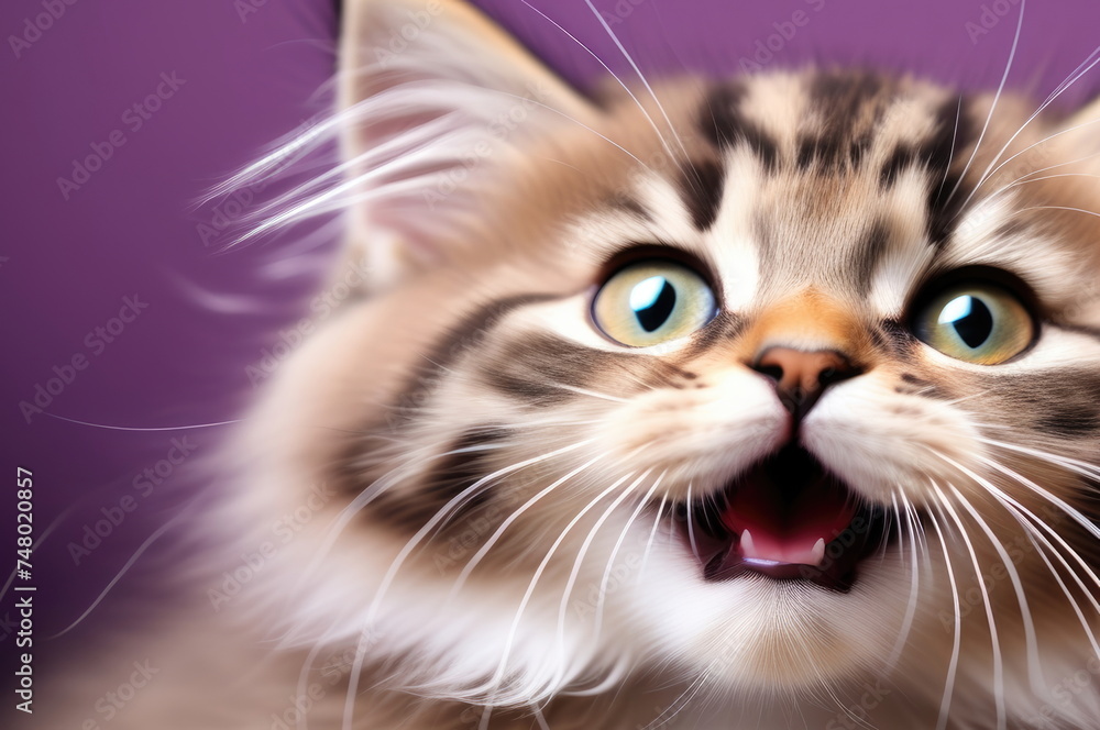 Expressive Maine Coon Cat with Yellow Eyes and Open Mouth on Purple Background