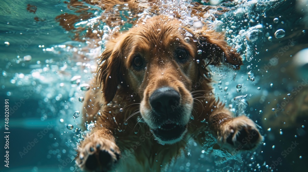 Golden retriever diving in water, dog portrait Golden retriever diving in water, dog portrait