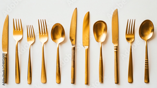 Gold knives, forks, and spoons placed on a white.