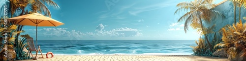 3d rendering composition of summer background with beach umbrella with chair and rubber ring , beach vibes decorate