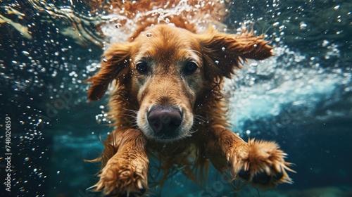 Dog diving in water, Golden retriever portrait