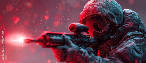 Sniper style RPG shooting game engine close up, Game content background, Illustration about games, Sniper and snow, cover banner game concept photo