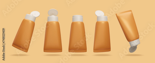 Set of different 3D realistic sunscreen cosmetic products isolated. Orange 3D sunscreen cream and lotion bottles packaging design. Sun safety UV protection, suntan lotion, after sun skincare treatment