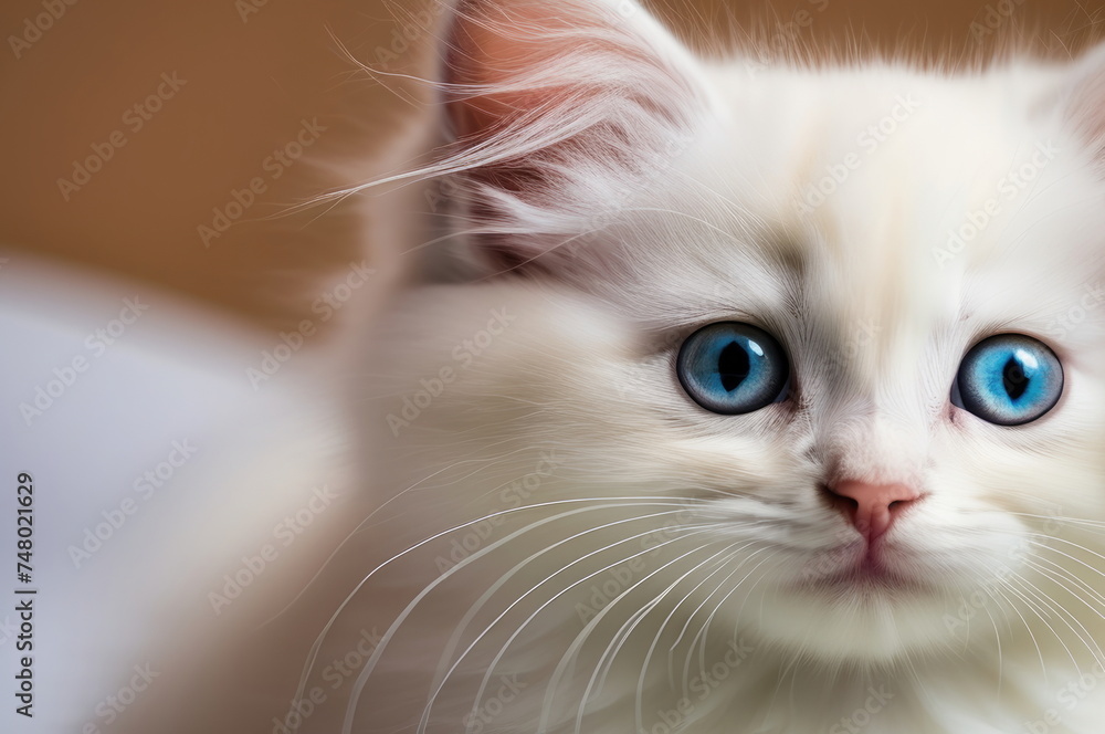 Fluffy White Kitten with Blue Eyes and Floral Accent
