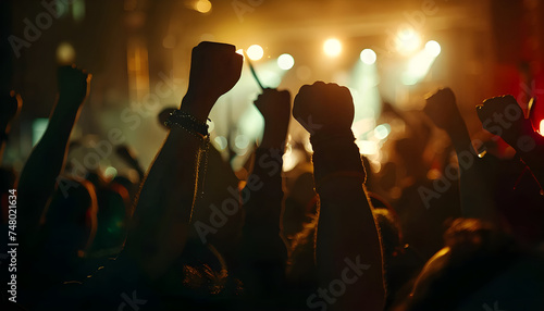 Crowd at a concert on the stadium, summer music festival, Group of silhouettes, Raised hands during a illuminated music show