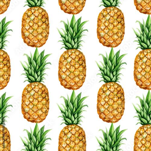 watercolor seamless pattern with ripe pineapple, sketch of tropical fruit, hand drawn illustration, food illustration isolated on white background