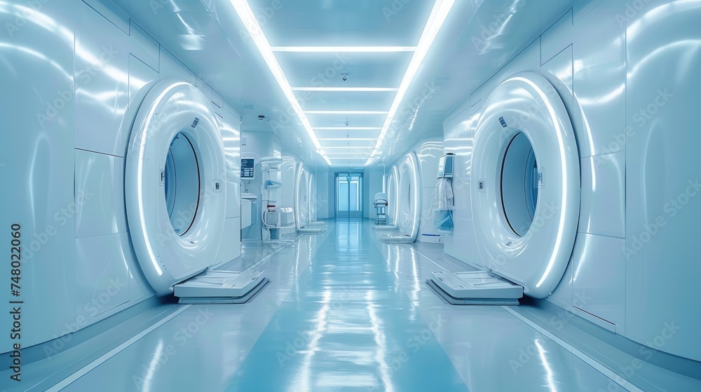 Sleek MRI scanner machines in a high-tech medical room Sleek MRI scanner machines in a high-tech medical room