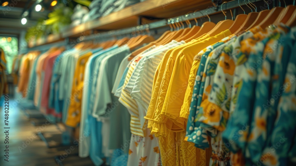 Vibrant summer clothes on hangers in a store - obrazy, fototapety, plakaty 