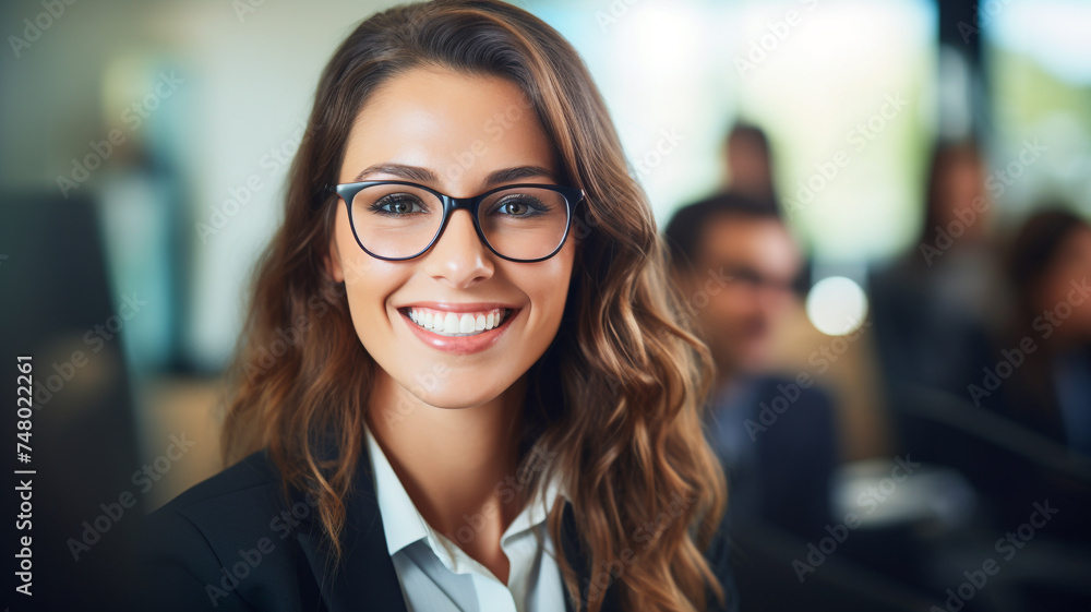 Fototapeta premium A professional businesswoman with a warm smile wearing glasses.