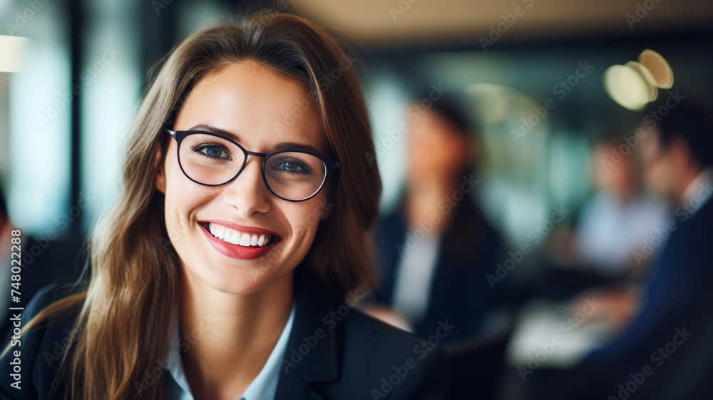 A professional businesswoman with a warm smile wearing glasses.