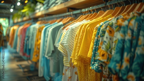 Vibrant summer clothes on hangers in a store photo