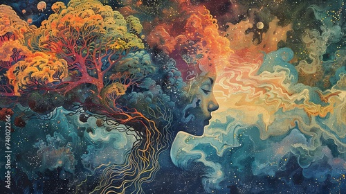 Artistic representation of a woman profile seamlessly blending with a vibrant cosmic tree, symbolizing the unity of life and universe. psychedelic therapy.