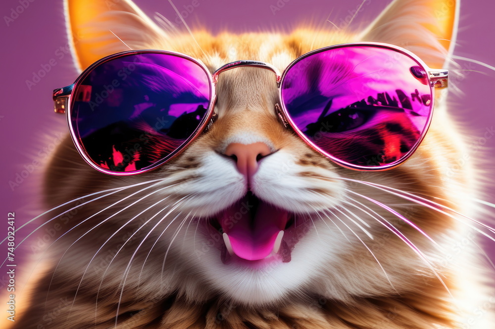 Ginger Cat Wearing Sunglasses on Vibrant Background