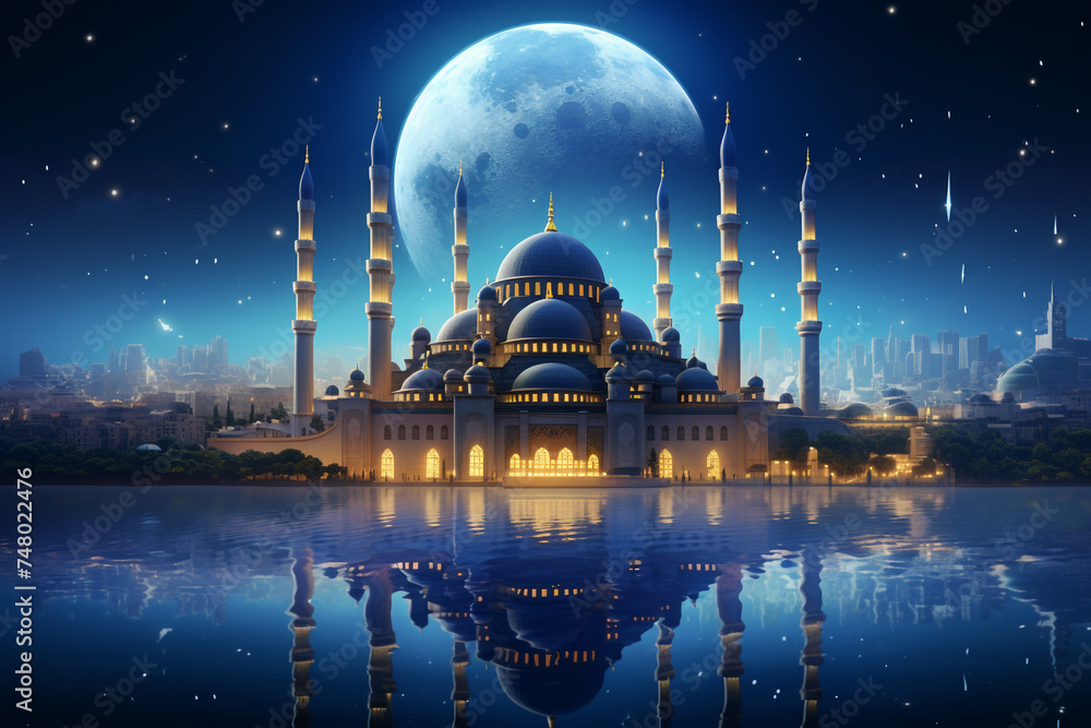 Muslim Holiday with Dark Night Arabian Cityscape, Mosque - Minarets and domes at night, Creative Design Muslim Holiday with Dark Night Arabian Cityscape, Mosque - Creative Design Generative Ai