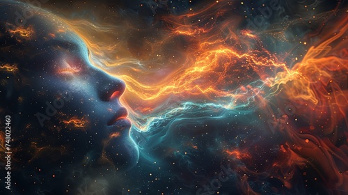 A digital artwork capturing the profile of a woman's face with a dynamic flow of cosmic energy and vibrant nebula-like patterns in space, quantum mysticism © Pui