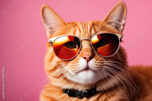 Ginger Cat in Sunglasses Against Pastel Background