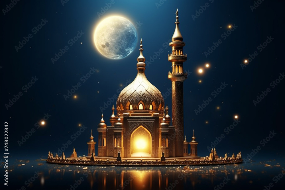 Muslim Holiday with Dark Night Arabian Cityscape, Mosque - Minarets and domes at night, Creative Design Vector Format crescent blue moons realistic Eid Mubarak Generative Ai