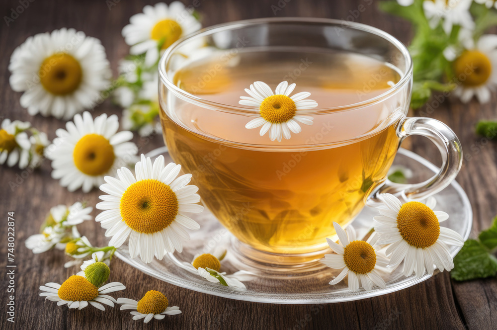 Transparent Cup of Chamomile Tea with Fresh Flowers on Wooden Surface Transparent Cup of Chamomile Tea with Fresh Flowers on Wooden Surface