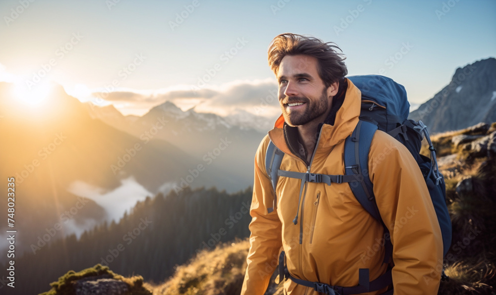 Male hiker traveling, walking alone Italian Dolomites under sunset light, Man traveler enjoys with backpack hiking in mountains. Travel, adventure, relax, recharge concept.
