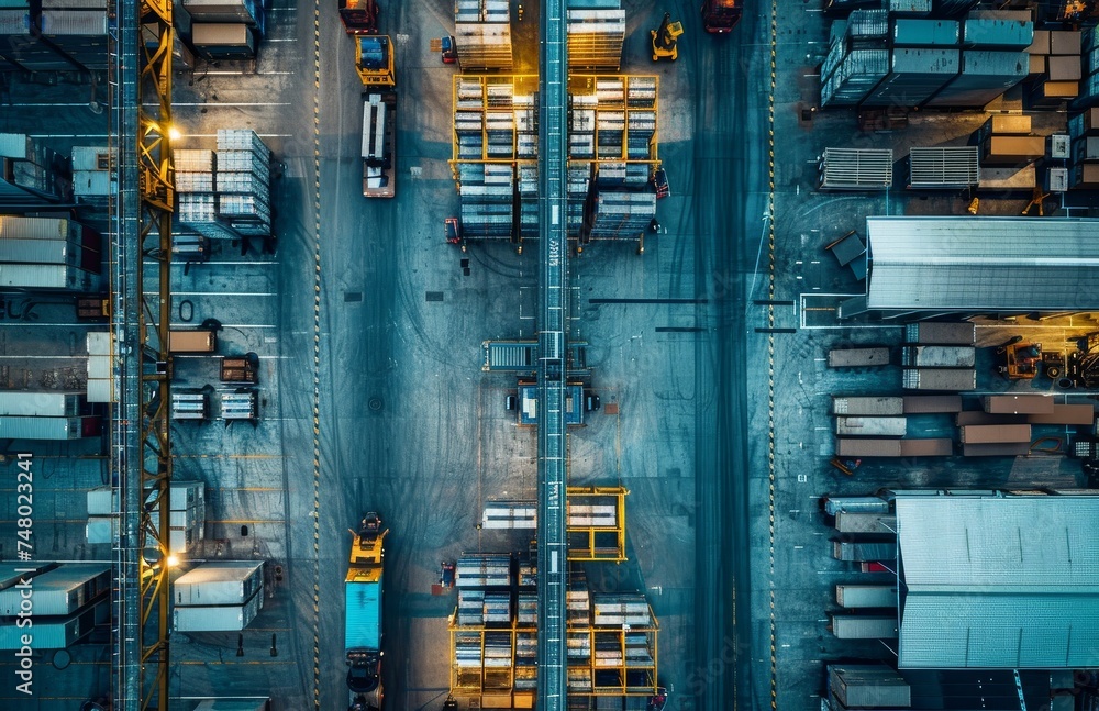 overhead shot of a modern warehouse with large machines and lights off, in the style of contrasting, recycled overhead shot of a modern warehouse with large machines and lights off, in the style of contrasting, recycled
