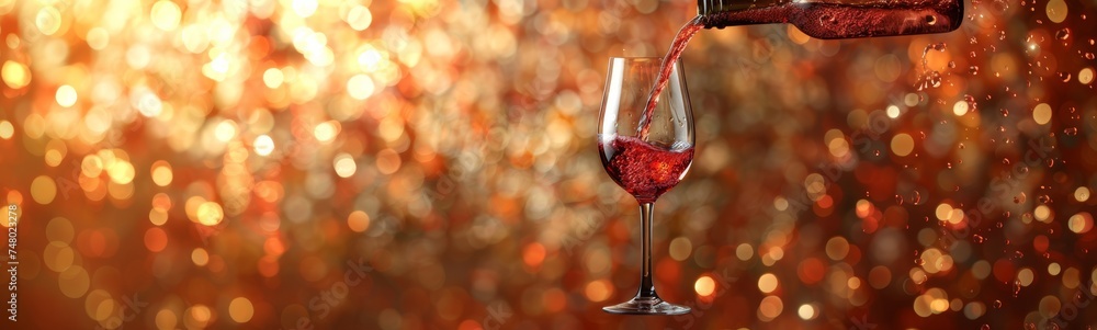 Create a detailed image of a wine glass as red wine is being poured into it. Focus on capturing the rich color and fluid motion of the wine flowing from the dark green bottle neck into the glass.