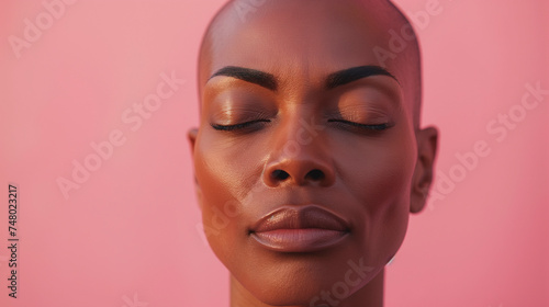 Retrato de Mujer Calva con ojos cerrados y expresión serena sobre fondo rosa.