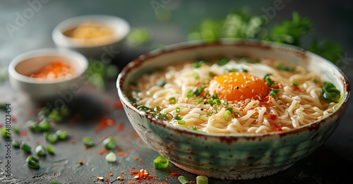 Ramen with egg noodles. In a deep bowl, ramenya with vegetables and a boiled egg and yolk. Concept: food Instant soup. Balanced snack, copy space banner photo