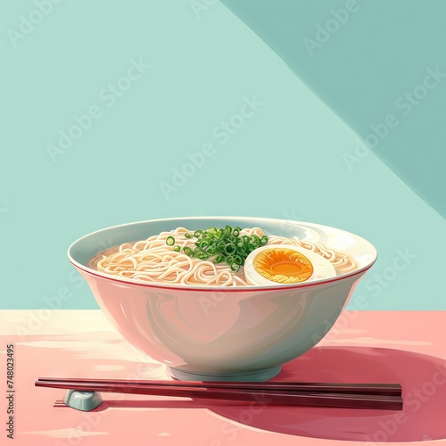 Ramen with egg noodles. In a deep bowl, ramenya with vegetables and a boiled egg and yolk. Concept: food Instant soup. Balanced snack, copy space banner photo