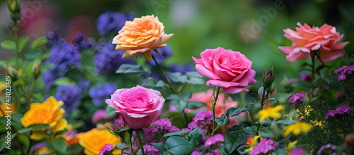 A vibrant bunch of pink, lilac, and yellow roses resting on the green grass in a garden, adding a burst of color to the surroundings.