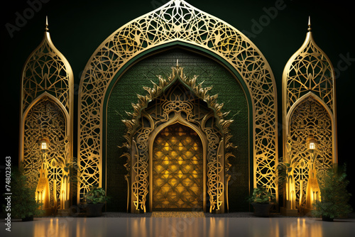 Decorative laser cut panels template with abstract texture. geometric Golden amadan windows Islamic door frames with ornament. Arabic mosque arch on green background. Islamic decoration. Generative Ai