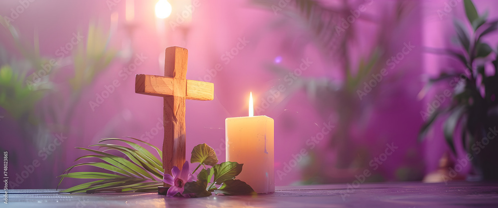 Christian cross, candles and palm leaves on a purple background. Easter concept. - obrazy, fototapety, plakaty 