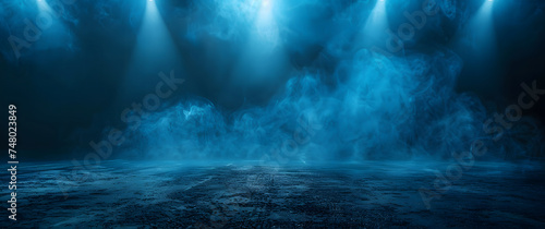 Blue stage background with smoke and spotlights. Empty stage background with spotlights  for display products .