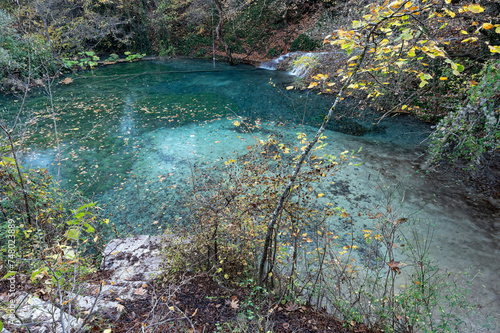 View of the Blue Lake at the area of Skra waterfalls in Macedonia, Greece photo