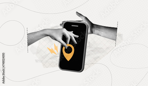 Trendy Halftone Collage Hand holding Mobile Phone with Location Pin. Online tracking. Contemporary art with position element. Delivery route. Travel way and find trip. Surreal vector illustration