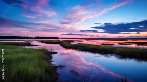 Sunrise scenery of calm coastal wetland with flora and fauna