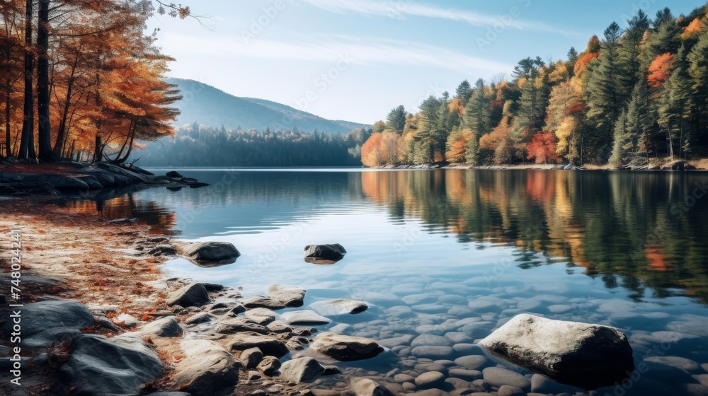 Beautiful landscape of serene lake and orange leaves in autumn Beautiful landscape of serene lake and orange leaves in autumn
