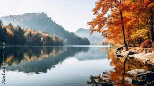 Autumn scenery of peaceful lake and vibrant trees in the mountains