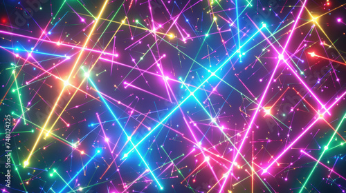 Abstract Futuristic Background Featuring a Constellation of Glowing With Neon Particles and Beams of Light That Crisscross. Digital Texture