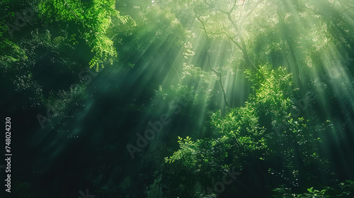 A dense forest scene featuring a multitude of vibrant green trees under a blue sky © sommersby