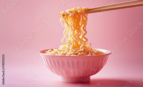 Instant noodles with bamboo sticks in a deep bowl. copy space banner