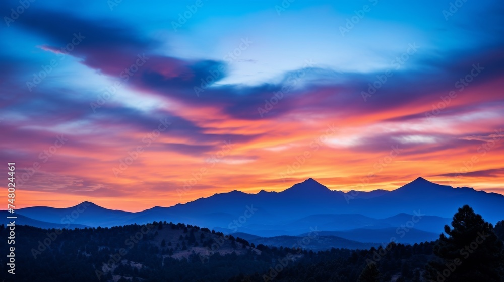 Silhouetted mountain range and colorful sky view