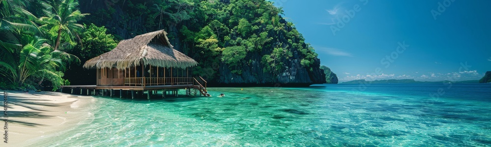 A beach hut on a tropical beach with crystal clear water.