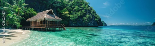 A beach hut on a tropical beach with crystal clear water.