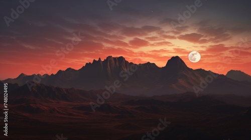 A mystical scene of the moon rising over the mountains