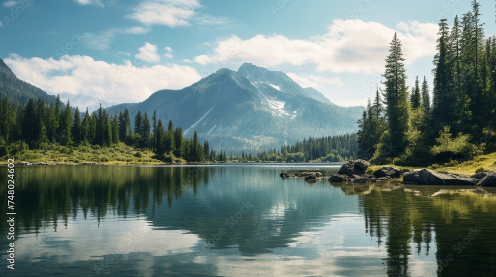 Serene mountain lake and pine forest scenery