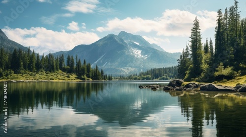 Serene mountain lake and pine forest scenery