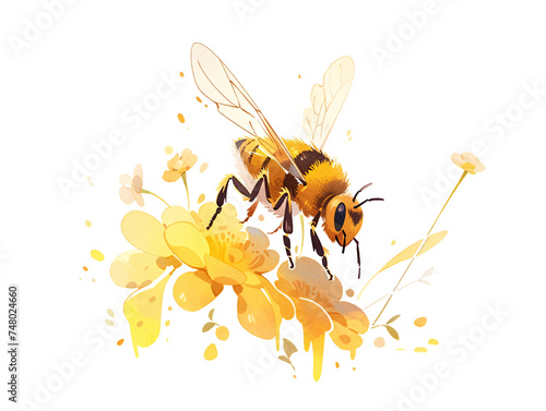 Illustration of cartoon honey bee with honey and flowers on white
