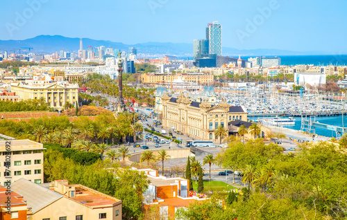 Scenic view of Barcelona Port and city centre skyline, Spain