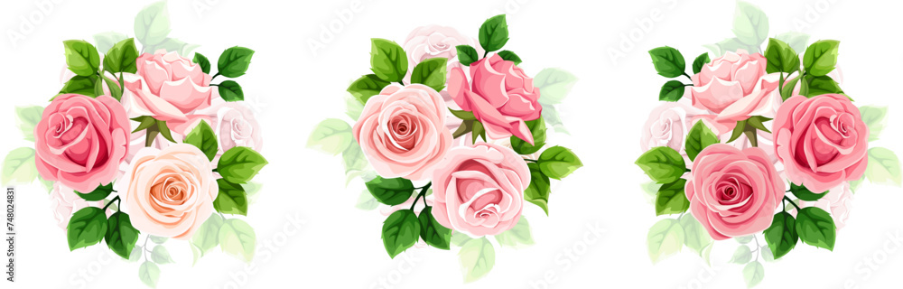 Pink and white roses. Set of vector floral bouquets with pink and white rose flowers and green leaves isolated on a white background