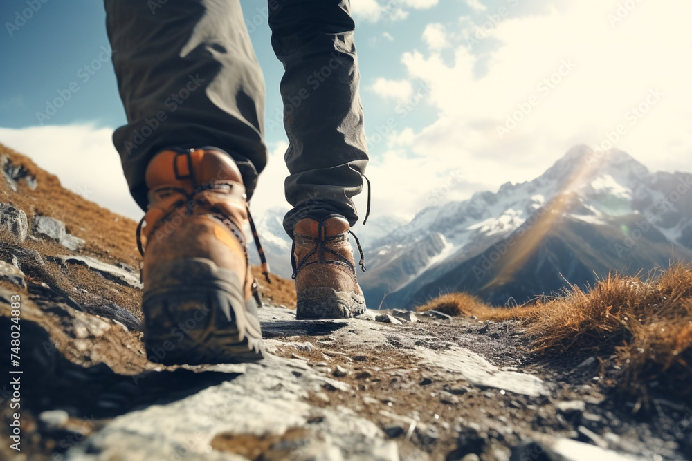 Feet in boots, walking hiking in mountains and mountaineering. Climbing, hike, tourism, travel, traveling and journey Feet in boots, walking hiking in mountains and mountaineering. Climbing, hike, tourism, travel, traveling and journey
